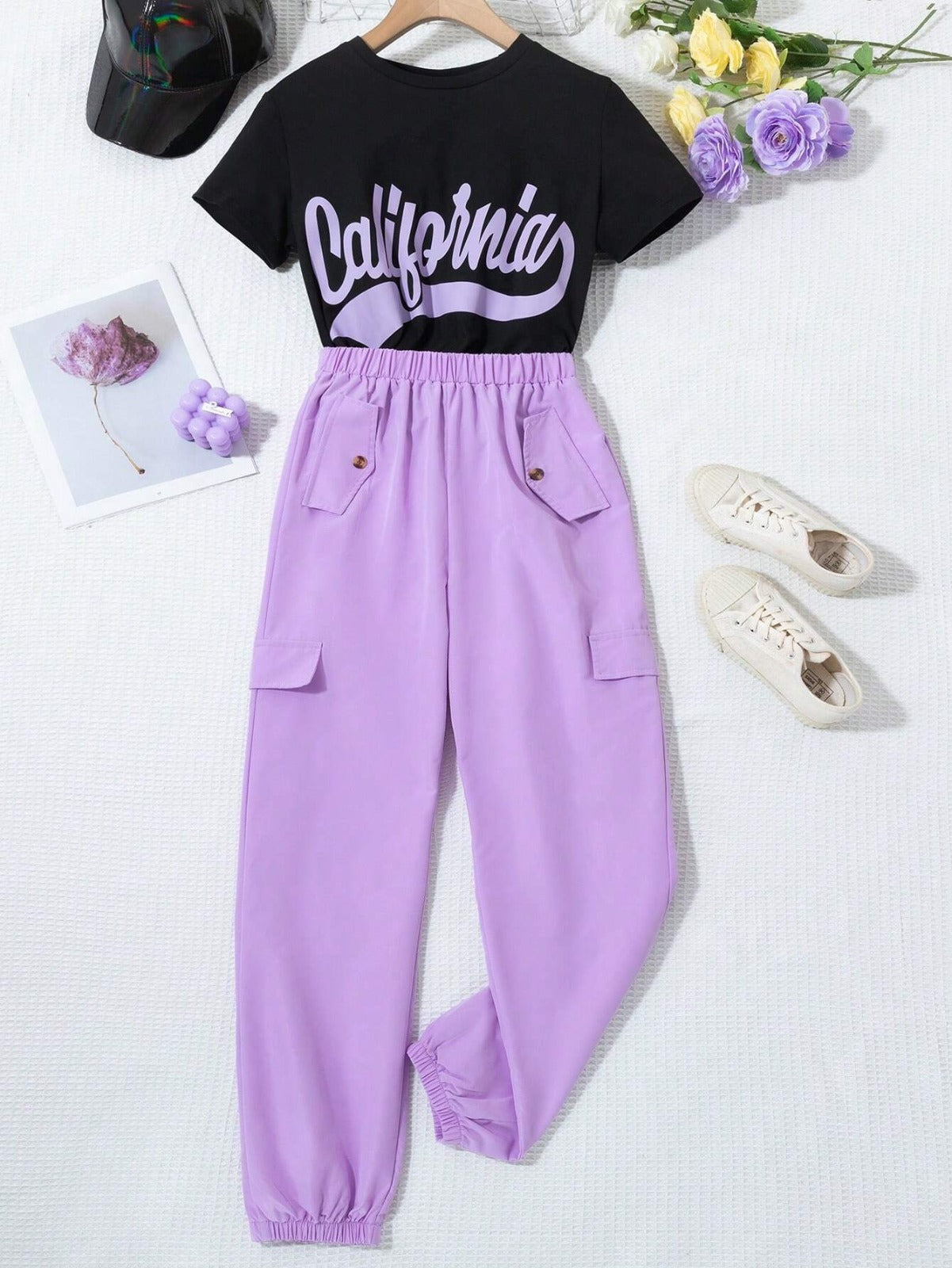 Trendy Purple Letter Print Casual Set