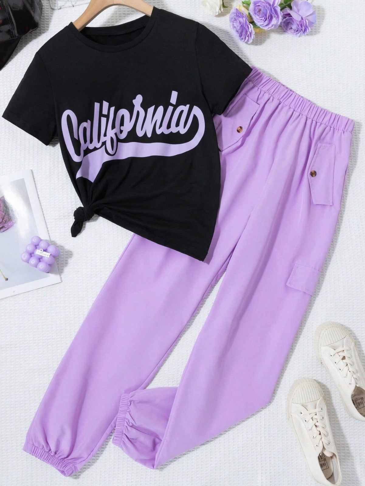 Trendy Purple Letter Print Casual Set